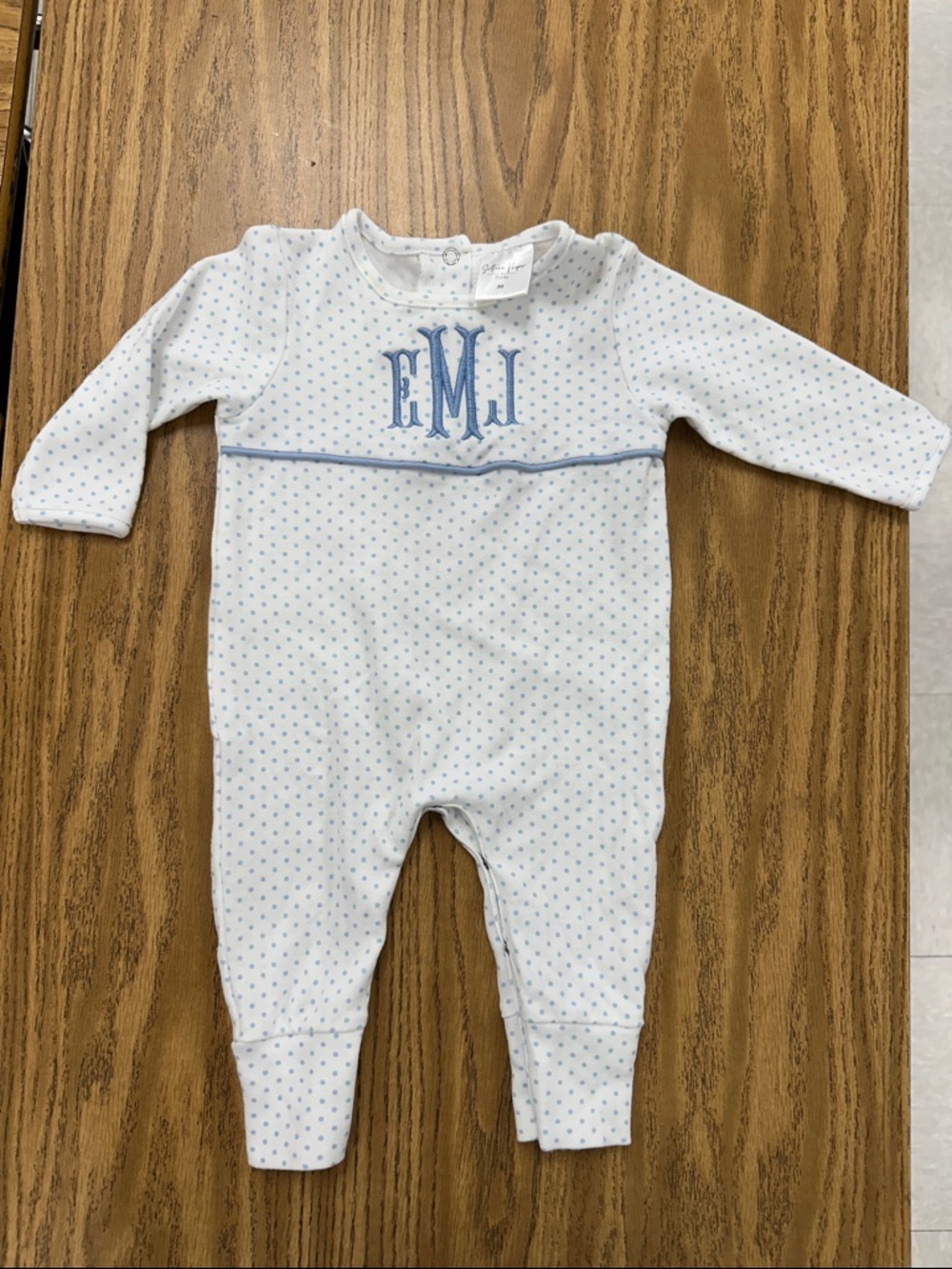 Southern Proper White One-Piece with Light Blue Polka Dots & Monogram